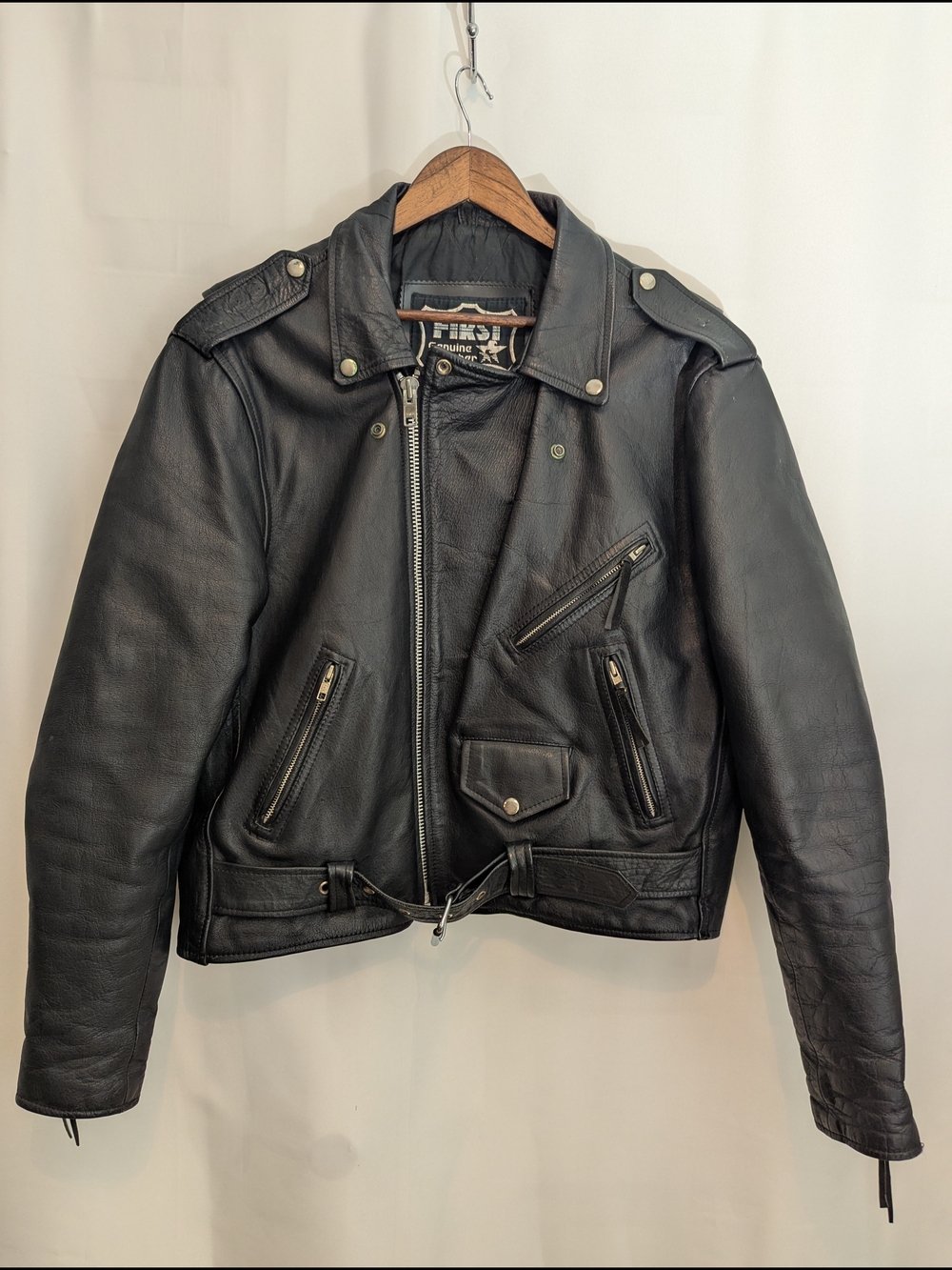 Vintage First Genuine Leather Motorcycle Jacket Mens 42 Black Double Rider Punk